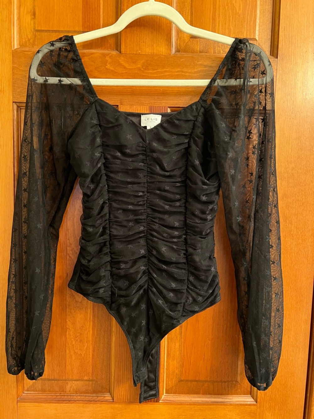 LE LIS Size S Black Ruched Mesh Long-Sleeve Bodysuit